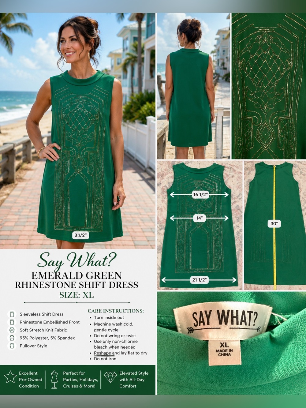 Say What? Emerald Green Rhinestone Shift Dress XL Stretch Cocktail Party Dress